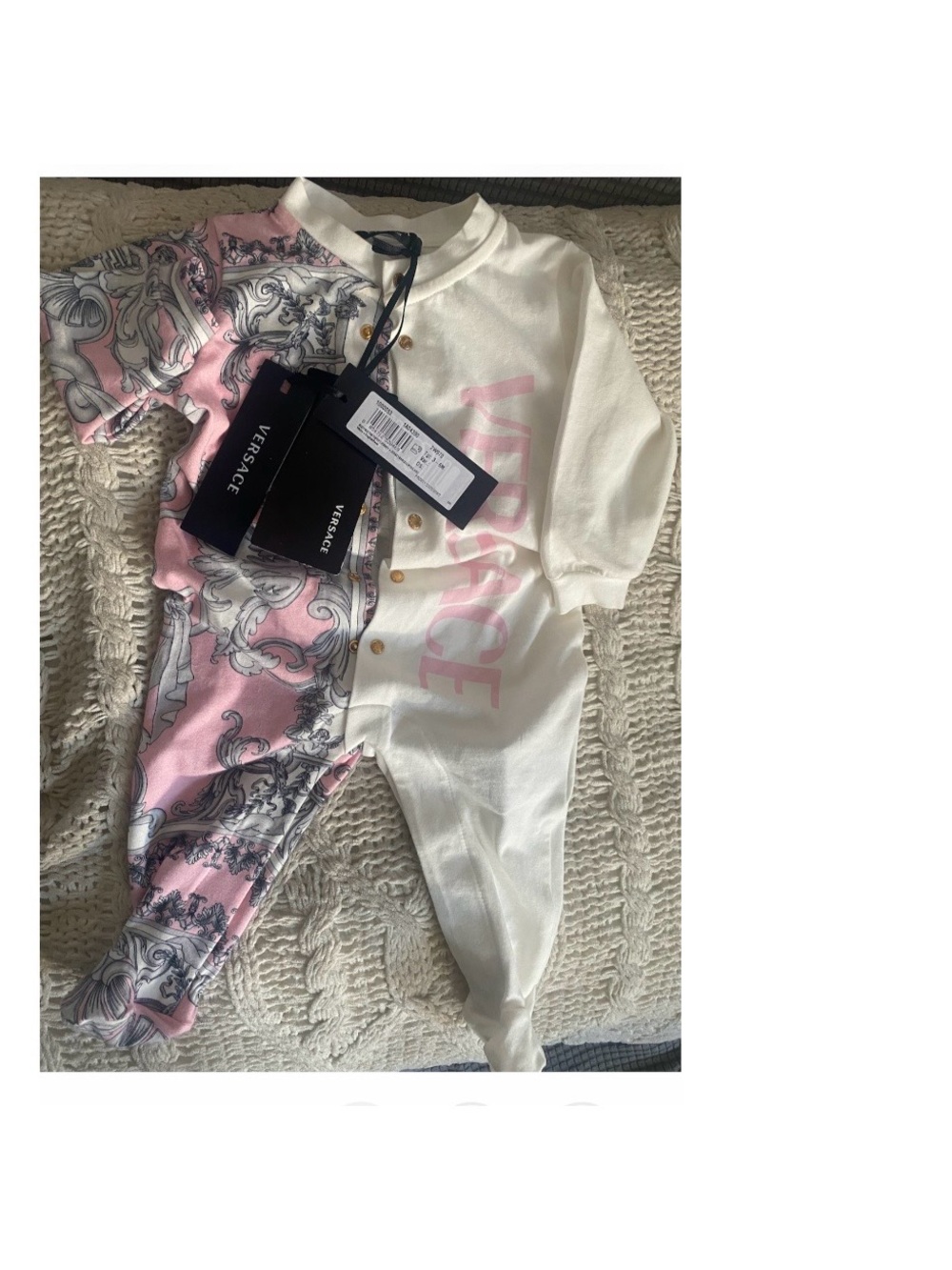 Versace Babygrow Pink & White Baroque Print Logo Footed Sleep Sack. 3/6 M.